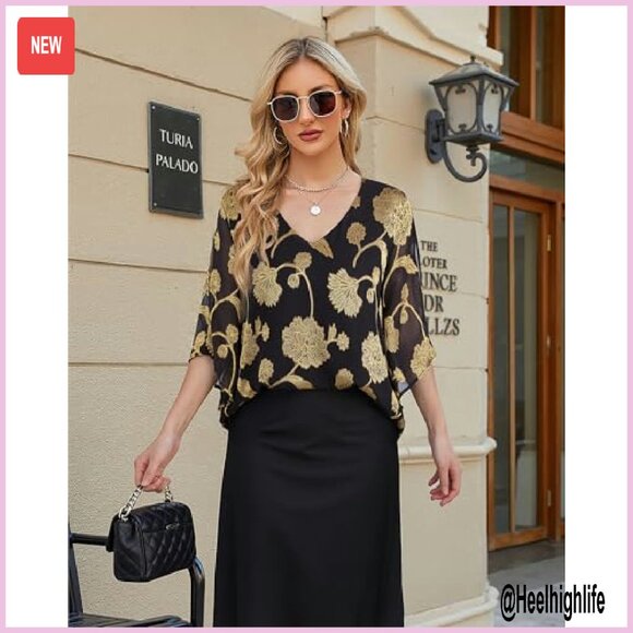 Chiffon 3/4 Sleeve Ruffle V-Neck Blouse, Dressy Top, Size Medium - Picture 3 of 6